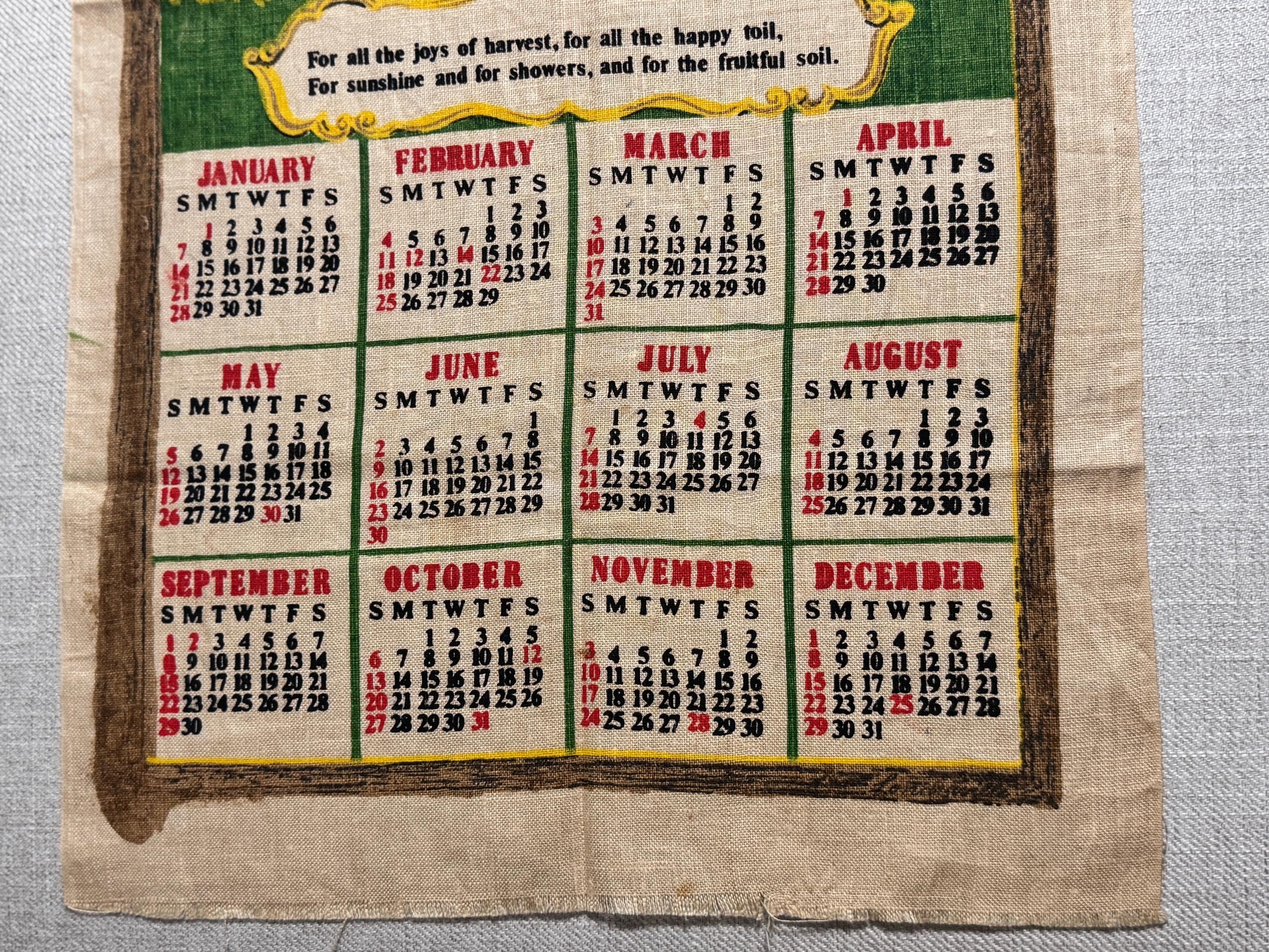 1968 Calendar Harvest Art Wall Hanging Kitchen Linen Canvas Nature