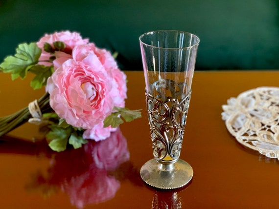 Glass Bud Vase Metal Stand Lace Cut Ornate Acanthus Leaf Etsy