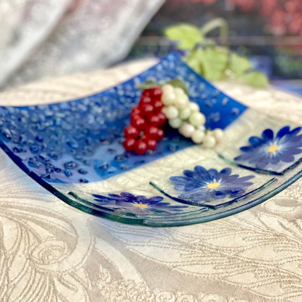 Fused Art Glass Blue Plate Floral Textured Square Handmade Cake Tray Cheese Appetizer Dessert Serving Dish Kitchen Gift Wedding Retro Y2K