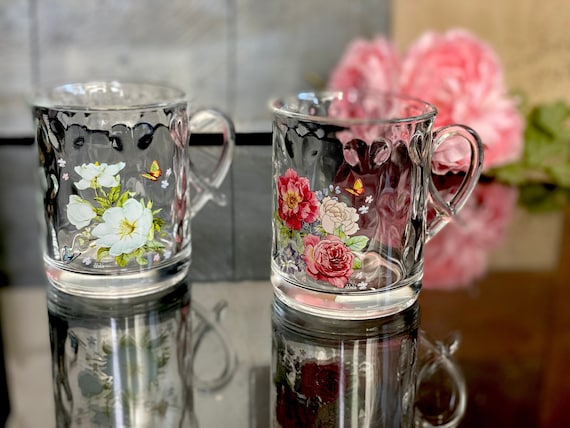 Floral Glass Coffee Mugs Rose Garden Kitchen Decor Butterfly 