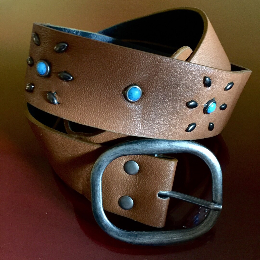 Light Brown Belt Faux Leather Costume Turquoise Bead Studded  display picture 3