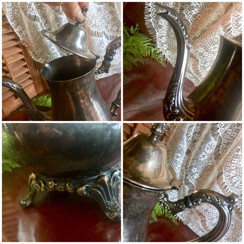 Silverplated Teapot Footed Repouss\u00e9 Ornate Jug Metal Pitcher Finial Lid Bed Breakfast Condiment Victorian Wedding Decor Tea Coffee Serving