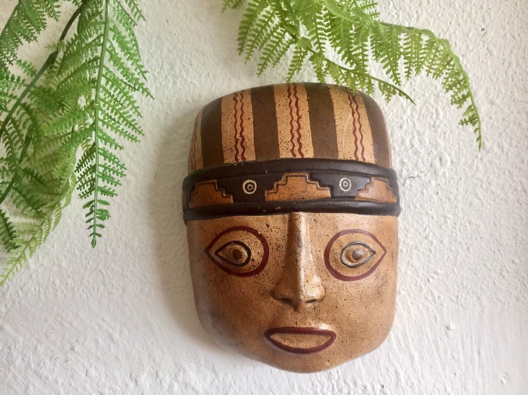 Southwest Pottery Face Mask Wall Art Ceramic Polynesian Head Statue Ancient Tribal Decor Native