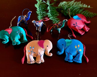 Indian Elephant Golden Ribbon Good Luck Christmas Tree Ornament Handmade Gift Stocking Stuffers Statement Holiday Ethnic Artistic Colorful