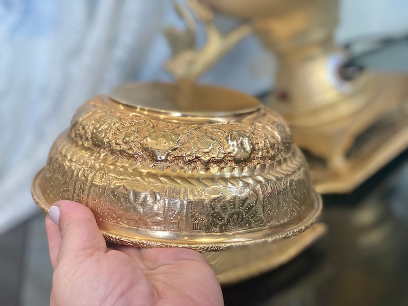 Antique Gold Brass Samovar Tray Bowl Persian Tea Serving Ancient Achaemenid Empire Art Warming Footed Repoussé Ornate Wedding Decor Rustic image 4