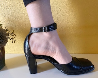 Two Lips Ankle Strap Pump Black Leather Vintage 1990s Square Toe Mary Jane Adjustable Straps Size 37 Dance Shoes Business Dress Shoes