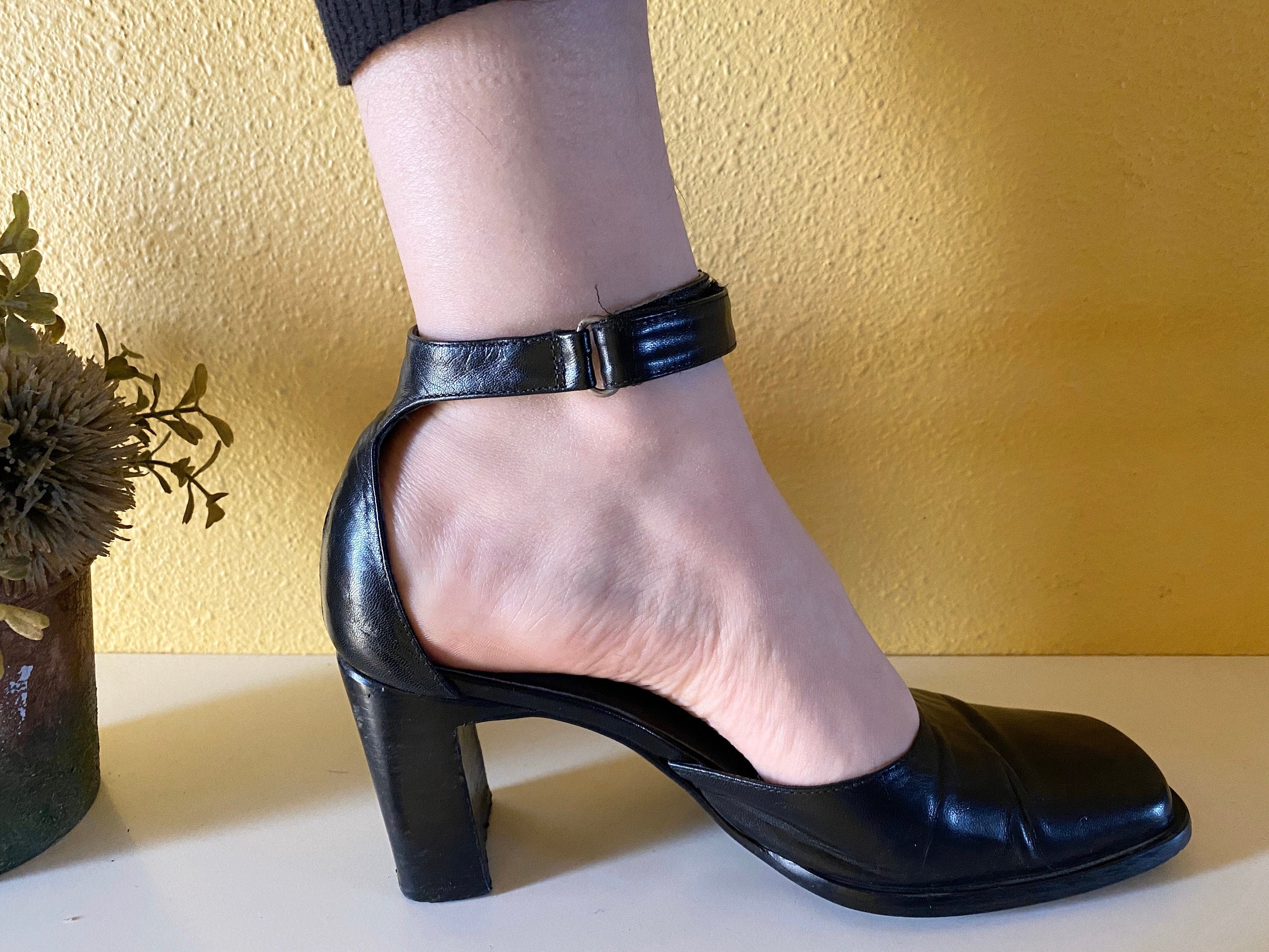 Two Lips Ankle Strap Pump Black Leather Vintage 1990s Square Two Lips Ankle Strap Pump Black Leather Vintage 1990s Square