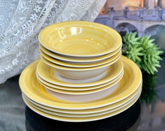 Vintage Ceramic 80s Swirl Yellow Dinner Set Stoneware Plates Soup Bowls Easter Dish Retro Kitchen Serving Farmhouse Table Country Cottage