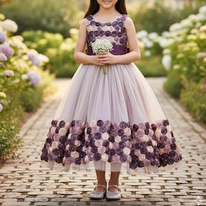 Lilac Flower Girl Dress Princess Roses Purple Tulle Mesh Bubble Lace Formal Evening Gown Party Easter Baptism Sleeveless 10 year Birthday