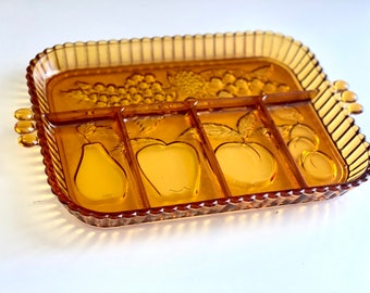 Relish Tray Indiana Glass Amber Serving Dish Sectional Condiment Yellow Embossed Party Snack Platter Appetizer Vegetable Vintage Art Glass