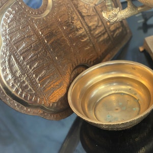 Antique Gold Brass Samovar Tray Bowl Persian Tea Serving Ancient Achaemenid Empire Art Warming Footed Repoussé Ornate Wedding Decor Rustic image 8