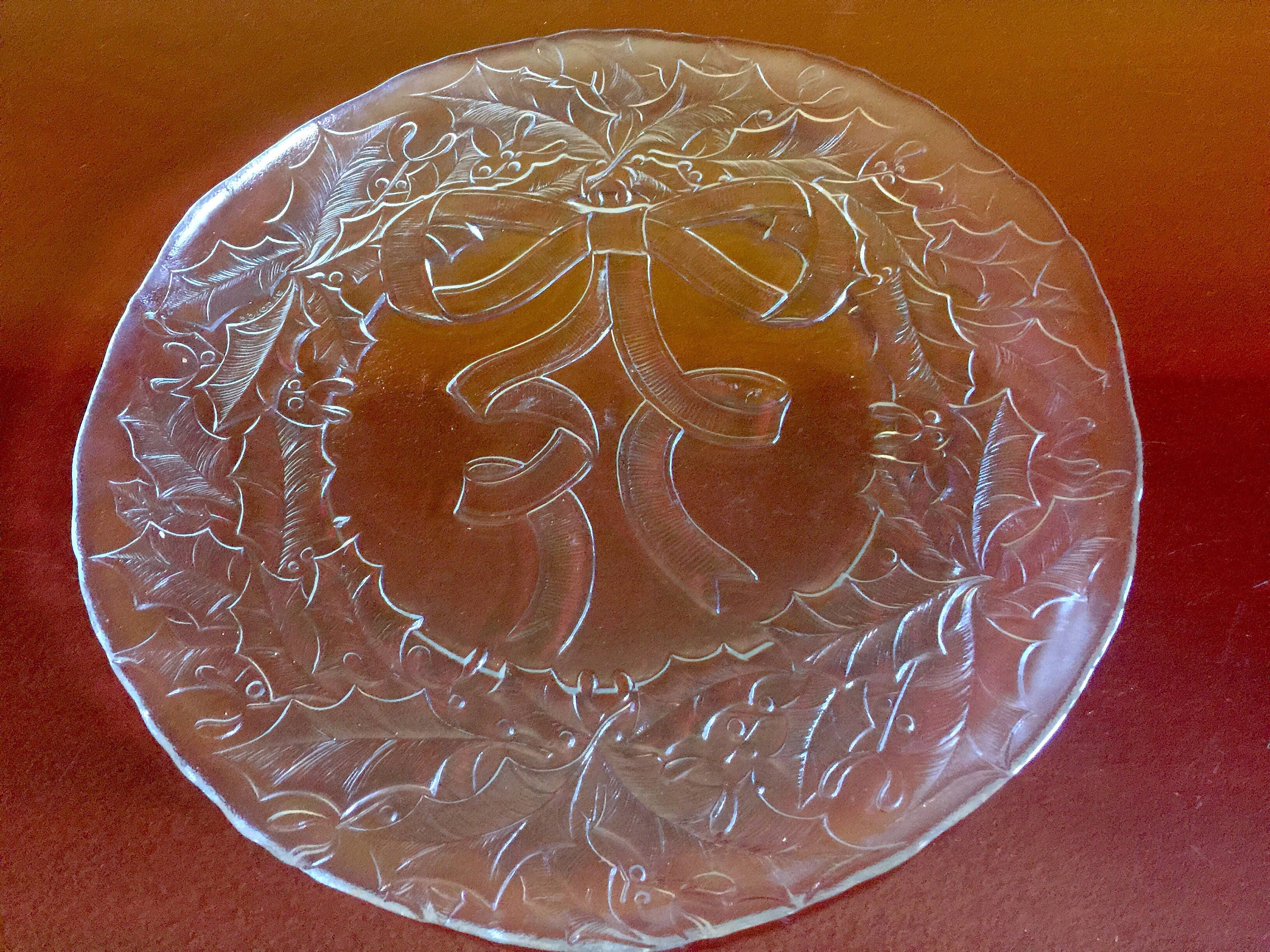 Clear Glass Serving Platter Christmas Poinsettia Embossed Leaf…
