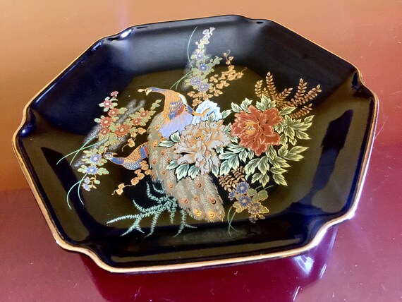 Peacock Platter Floral Japan Plate Cobalt Blue Ceramic Bird Gold