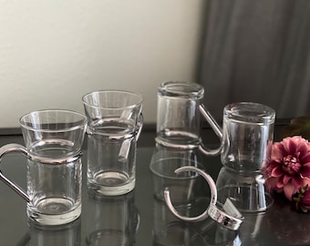 Clear Glass Coffee Cups Tea Cappuccino Serving Hot Cold Beverage Removable Handle Silver Bar Retro Kitchen Glassware Bistro Mug Set Gift 8oz
