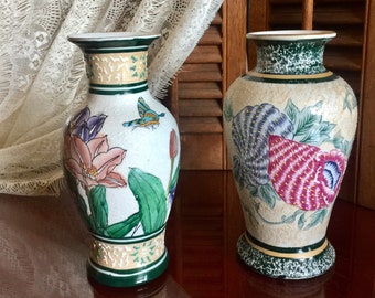 Shell Beach Floral Vase Hand Painted Ceramic Textured Art Tulip Blossoms Vintage Bouquet Conch Ocean Nautical Themed Decor Butterfly Nature