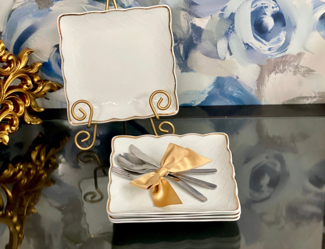 Square Salad Plates White Set of 4 Ceramic Serving Dish Gold Scalloped