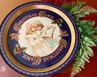 Engel Weihnachten Carol Metalldose Tablett Glocken Stechpalme Rund Blau Servierplatte Aperitif Teller Urlaub Party Snack Kaffee Viktorianische Jugendstil