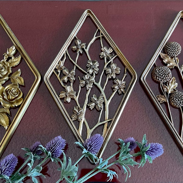 Syroco 1960s Wall Plaque Antique Gold Rose Flowers Open Cut Ornate 3D Art Hanging Door Tile Kitchen Nature Shabby Chic Decor Wedding Gift