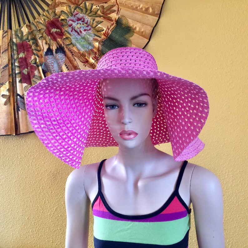 Wide Brim Floppy Sun Hat Faux Straw Blue Woven Crochet Pink Foldable Summer Vacation Traveler Picnic Beach Retro Wedding Cocktail Birthday