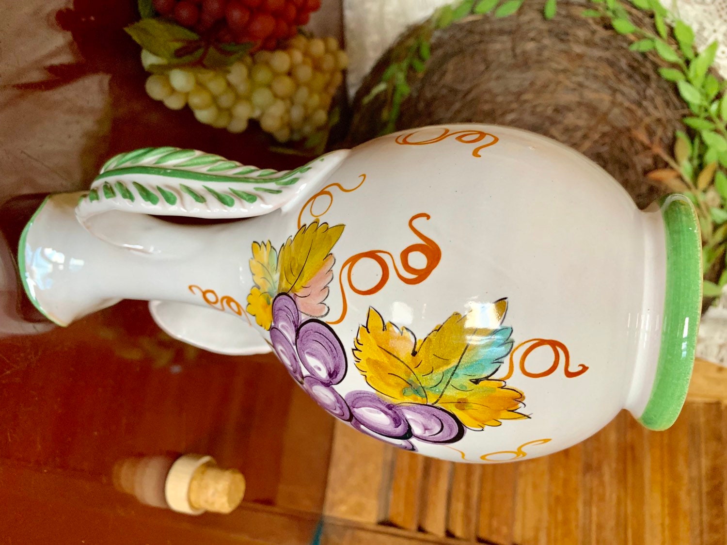 イタリア産ブドウワイン陶器水差し セラミックオイルデカンタ ハンドル