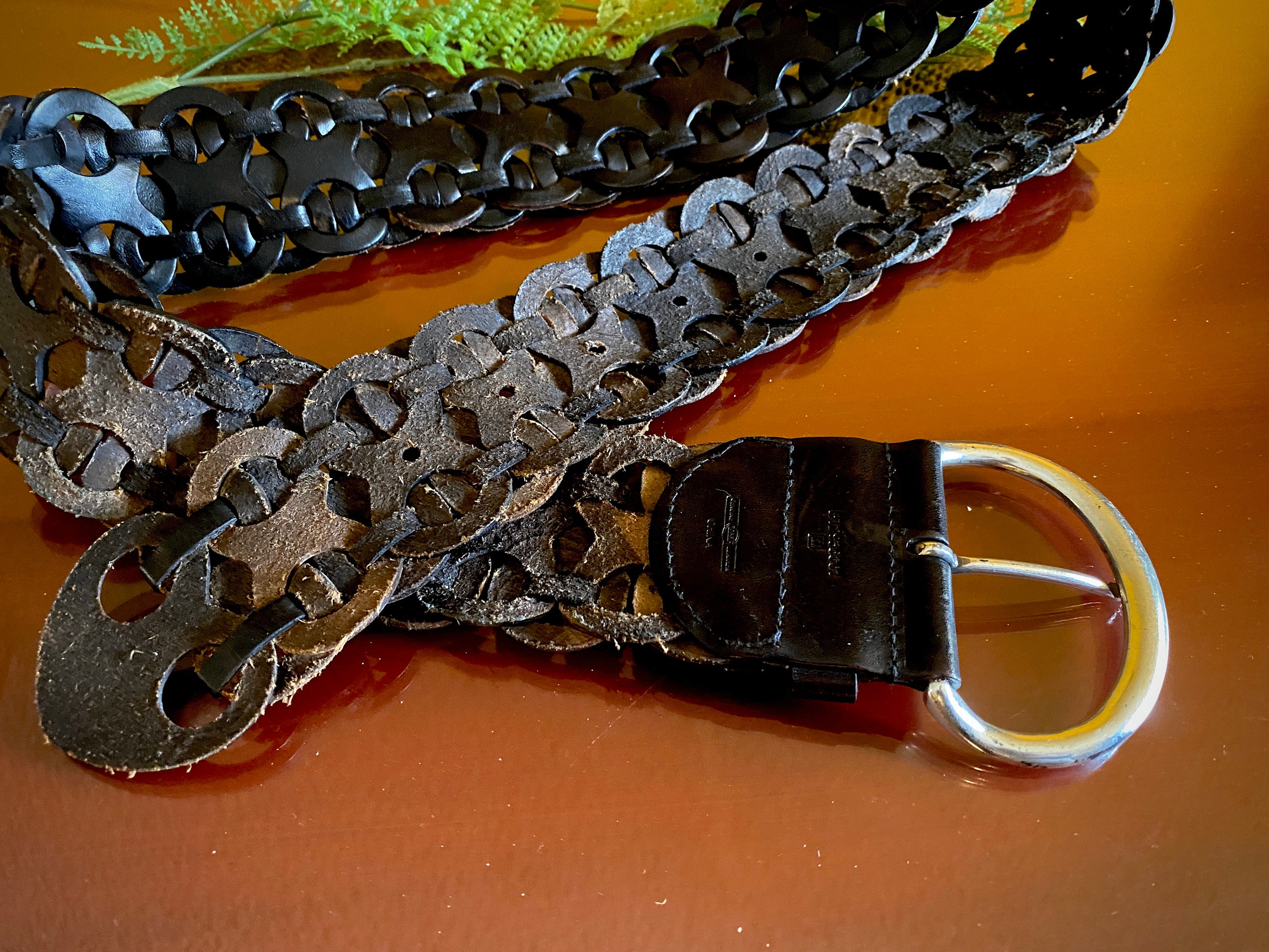 Fossil Dark Brown Leather Belt Linked Braided Western Tribal