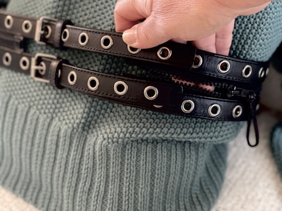 Black Studded Belt Zipper Wide 2 Layer Genuine Leather