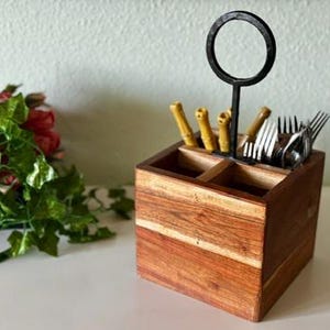 Wooden Cutlery Caddy Utensil Holder Flatware Basket Tool Box Party Table Countertop Silverware Holder Stand Beach Kitchen Cottage Chef Gift