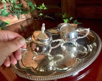 Silverplated Footed Creamer Sugar Bowl Tray Tea Set Miniature Coffee Milk Jug Pitcher Condiment Victorian Wedding Tea Decor Party Silverware