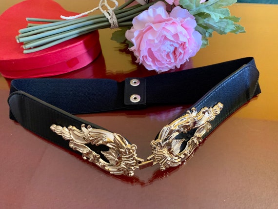 VINTAGE Retro Metal Stretch Elastic Belt with Ornate Flower Floral Buckle Design Belt  main image 4