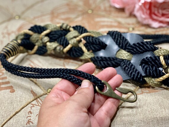 Macrame Belt Orange Black Metal Buckle Handcrafted Vintage 70s macrame belt, - Gem main image 4