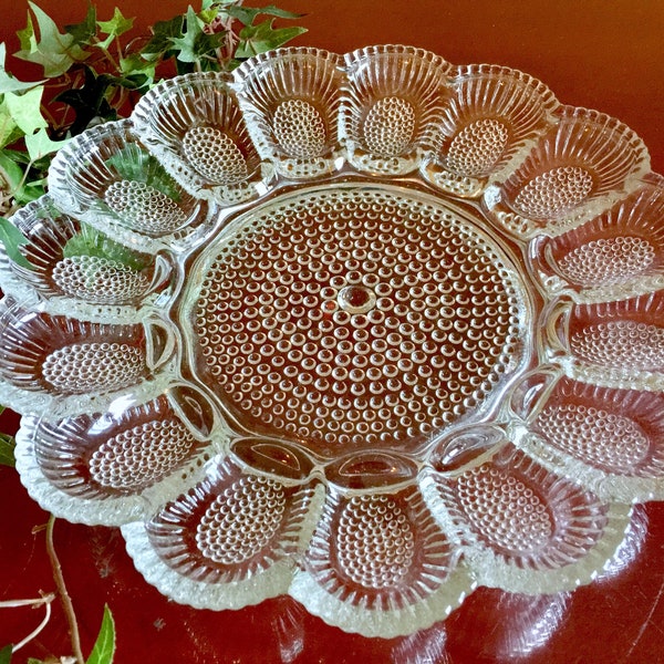 Deviled Egg Serving Platter Indiana Glass Hobnail Textured 70s Berry Tray Cheese Appetizer Dish Clear Party Snack Gift Easter Centerpiece