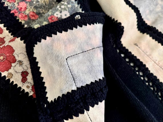 Black Knit Buttoned Jacket Patchwork Suede Floral… - image 9
