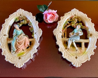 Victorian Couple Colonial Wall Hanging Art Chalkware Rococo Pastel