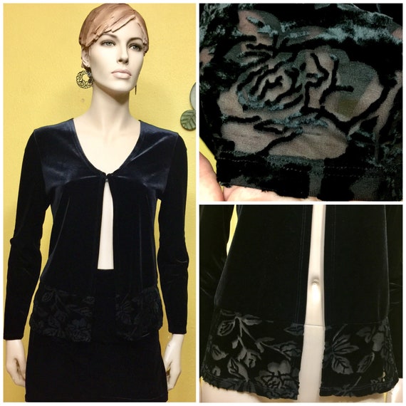 Black Roses Velvet Burnout Lace Cardigan Drape 19… - image 1