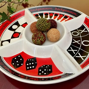Casino Club Chip and Dip Tray Checkers Backgammon Tic Tac Toe Divided Snack Tray Relish Platter Board Game Pub Night Midcentury Serving