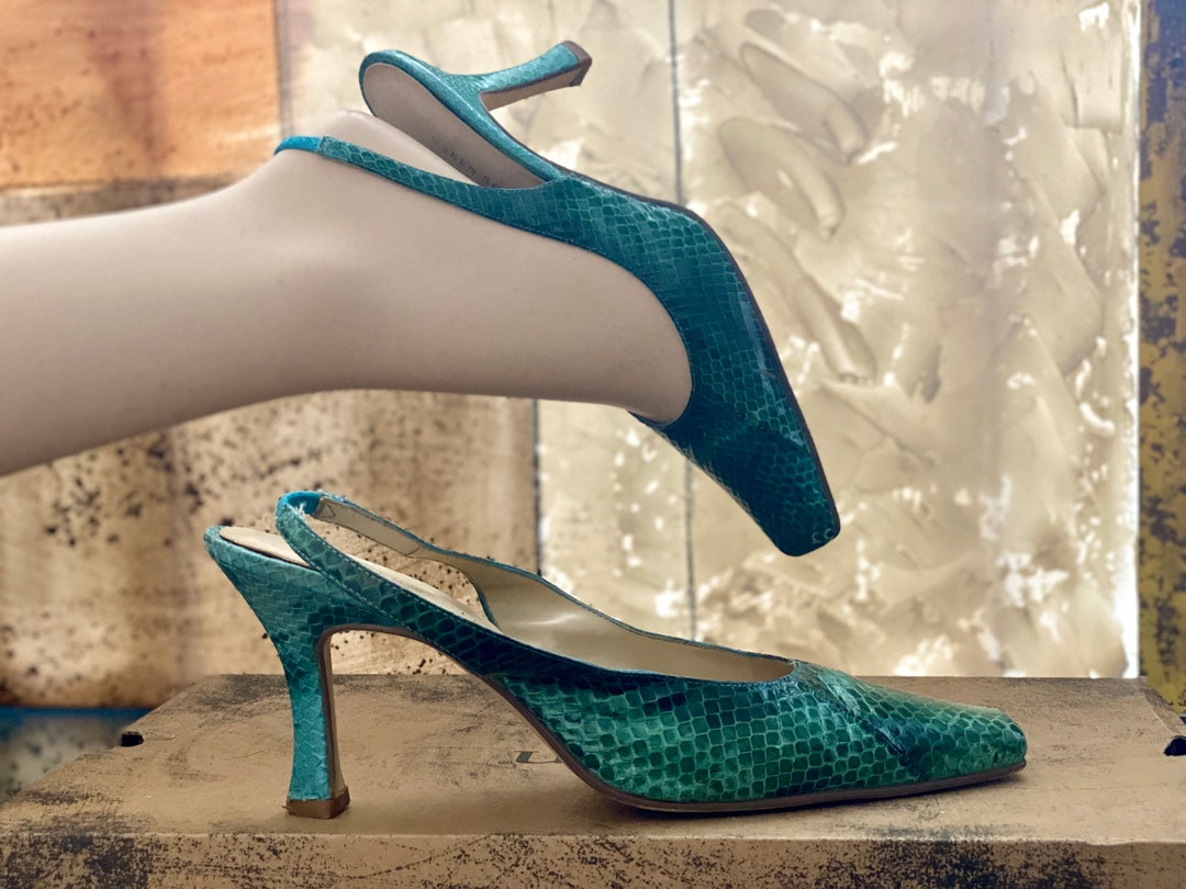 Karen Scott 90s Slingback Leather Shoes Heels Snakeskin Turquoise