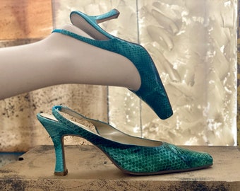 Karen Scott 90s Slingback Leather Shoes Heels Snakeskin Turquoise Blue Mules Shoes Green Open Toe Back Retro 70s Animal Print Summer Mod Y2K