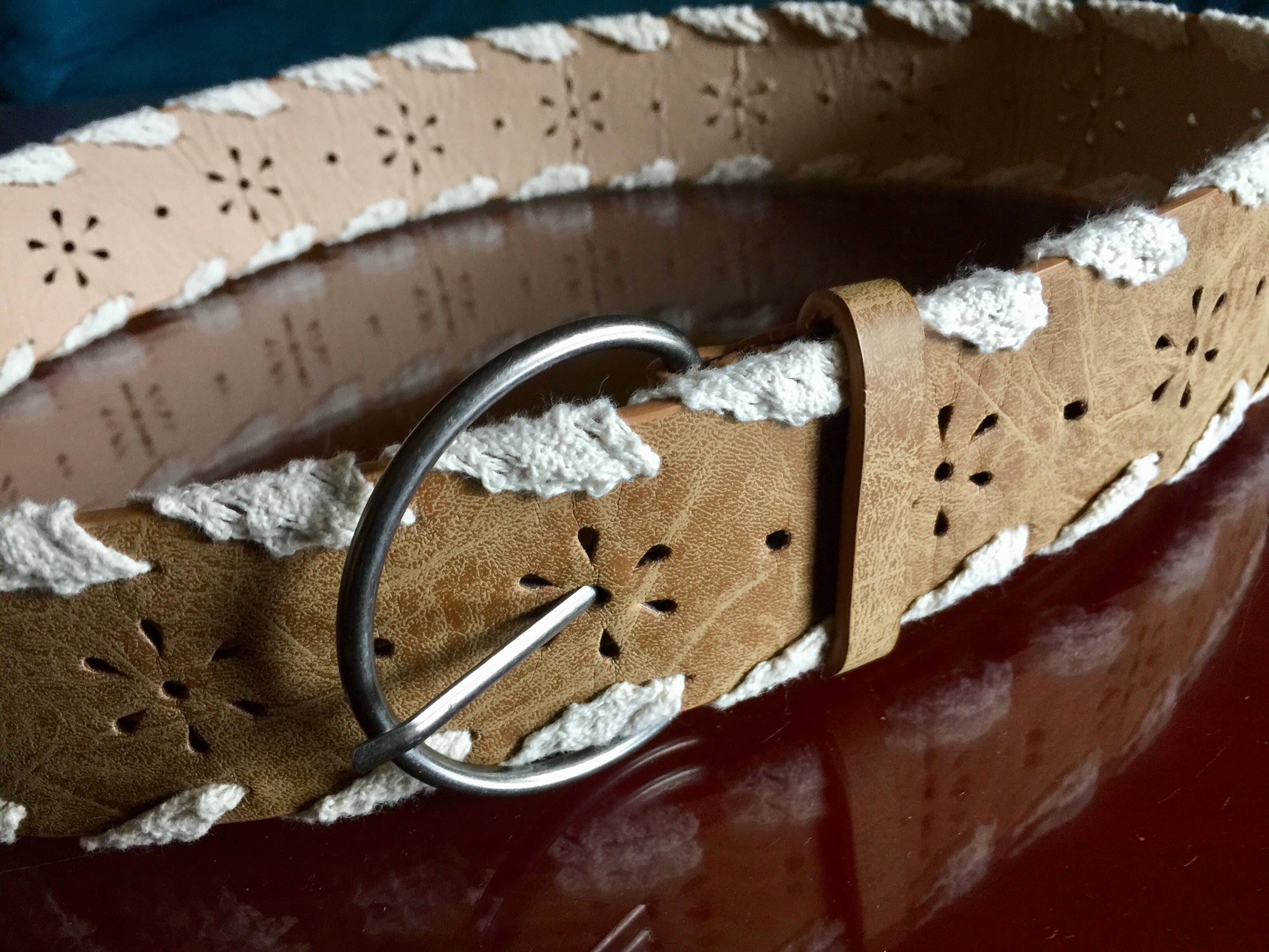 Light Brown Belt Leather Floral Laser Cut Lace Crochet Tan  display picture 1