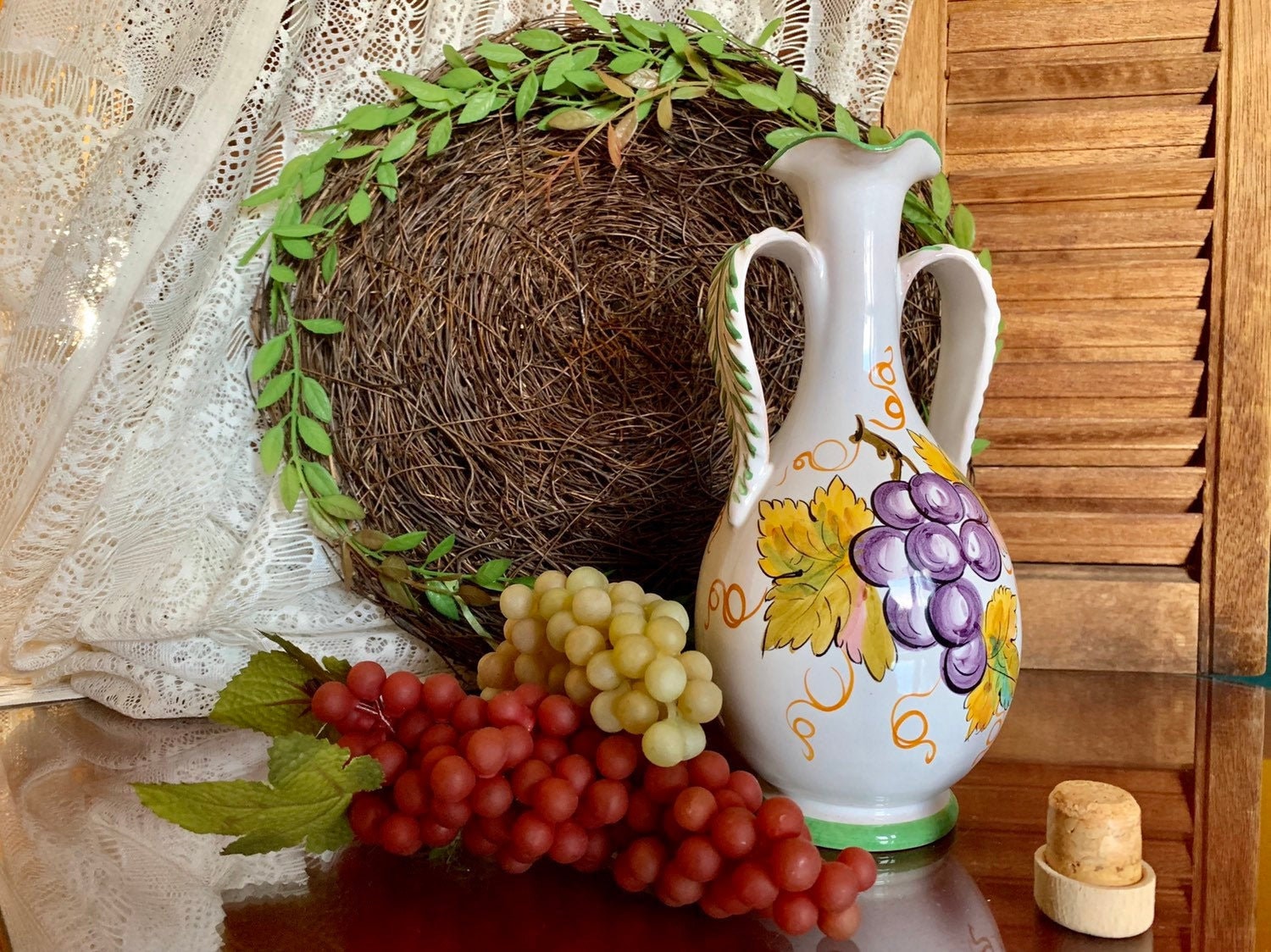 花瓶　花台　イタリア製　陶器　花柄 イタリア製陶器製花瓶と花台
