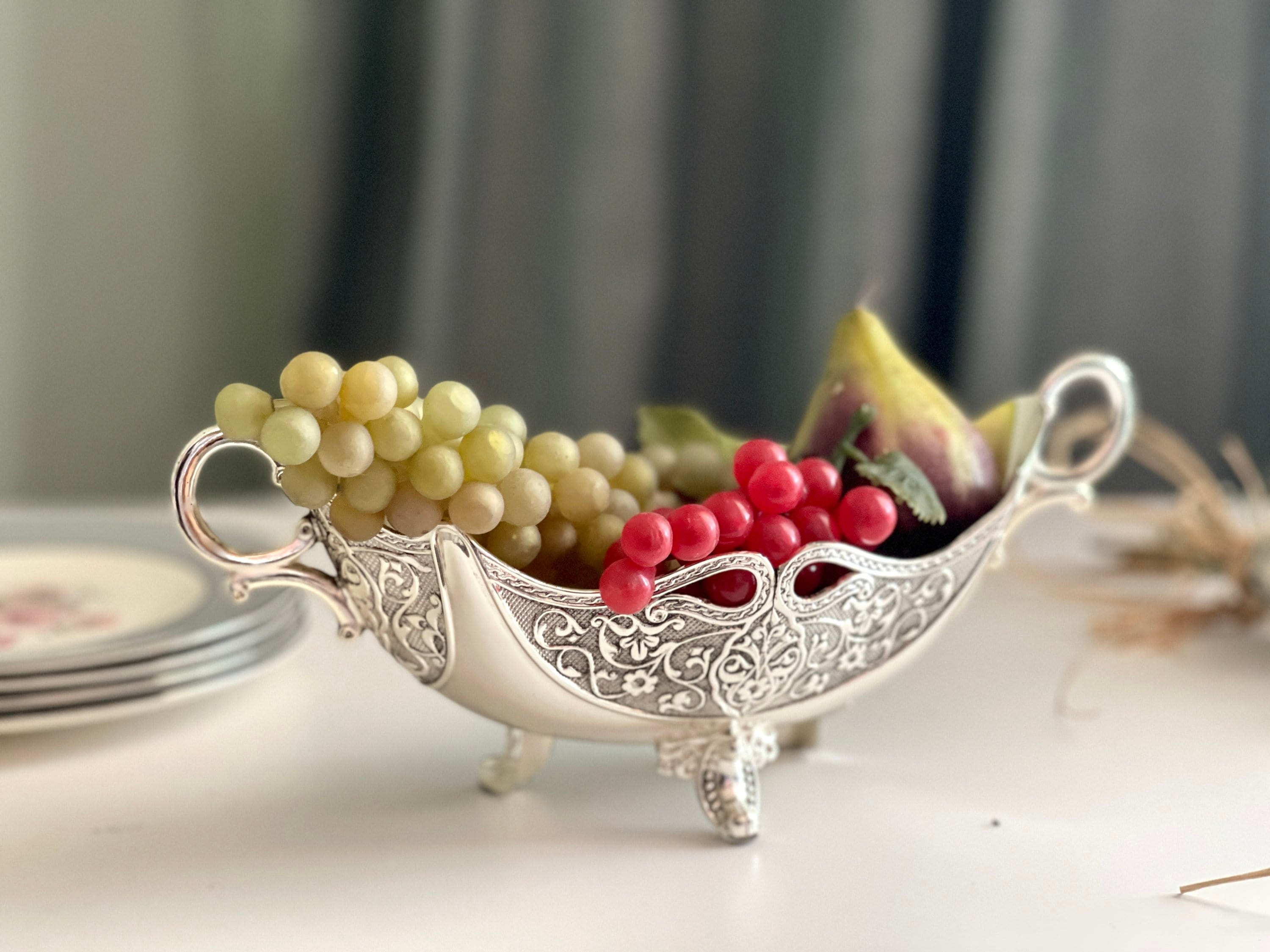 Repoussé Oval Bowl Footed Metal Dish Floral Ornate Victorian Wedding ...