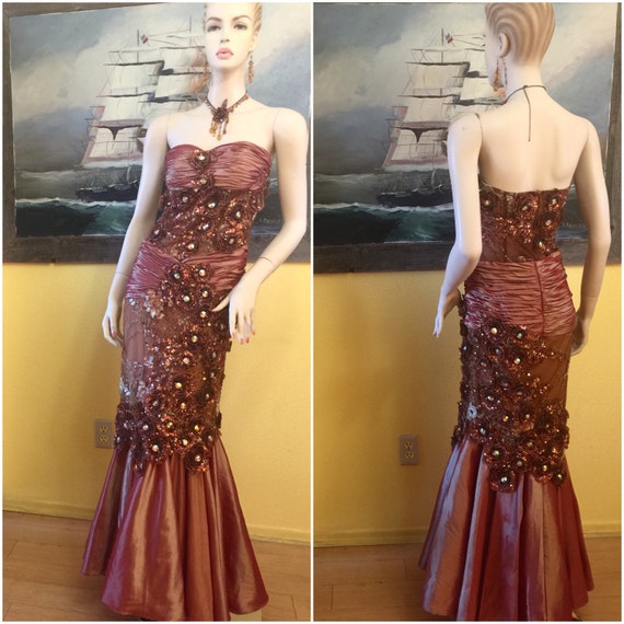 Copper Jeweled Formal Maxi Mermaid Dress Boho Bro… - image 1