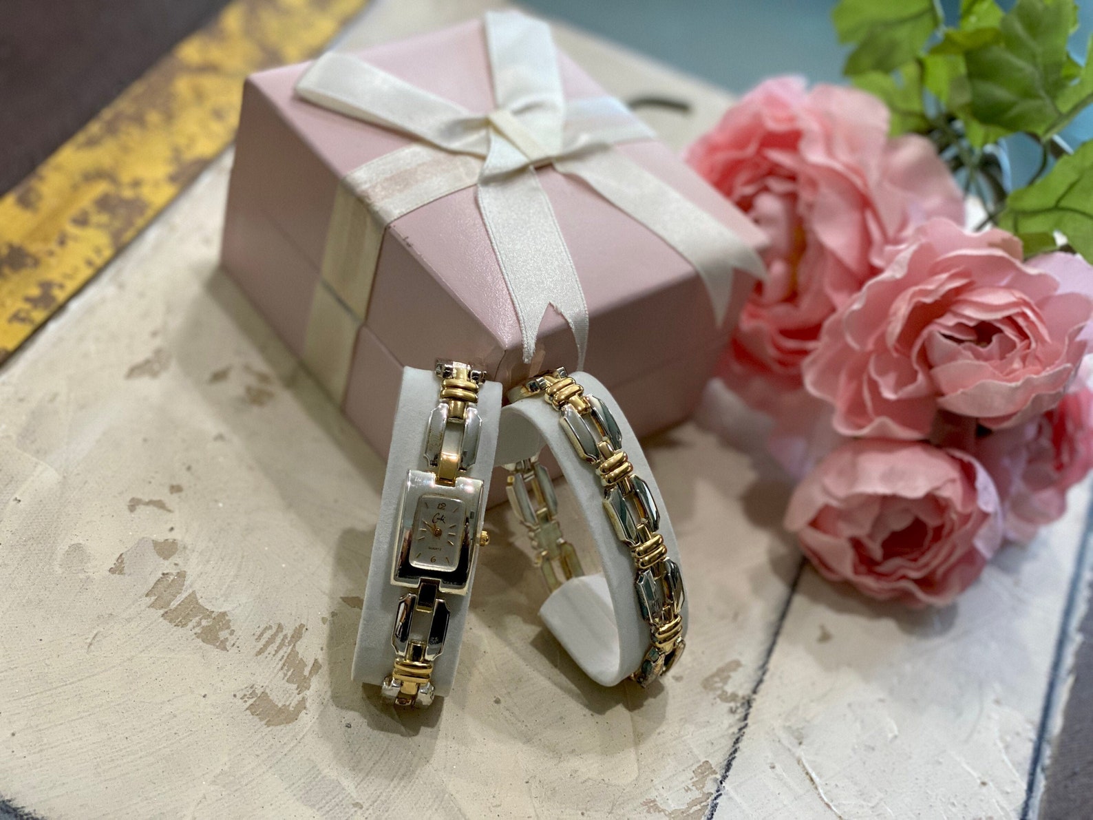 Cache Bracelet Watch Set Link Chain Quartz Silver Gold Bridal Gift ...