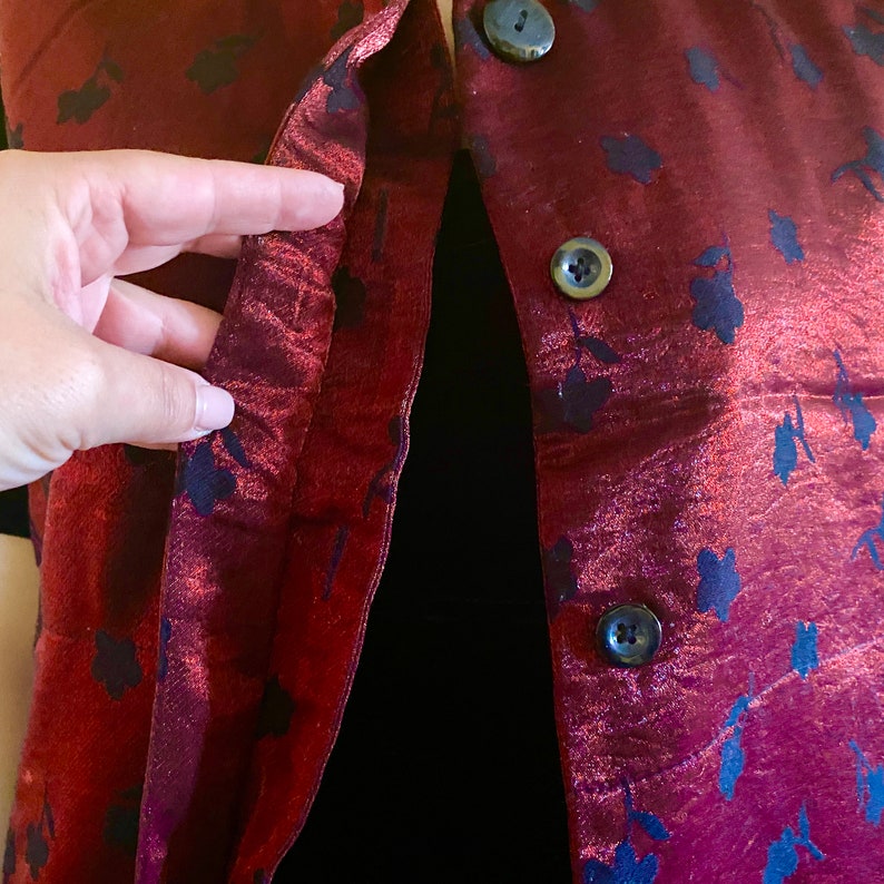 Burgundy Red Vest Chinese Collar Mandarin Paris Vanex Shimmery Fabric Floral Formal Sleeveless Jacket Button Pockets Boho Blazer Cheongsam
