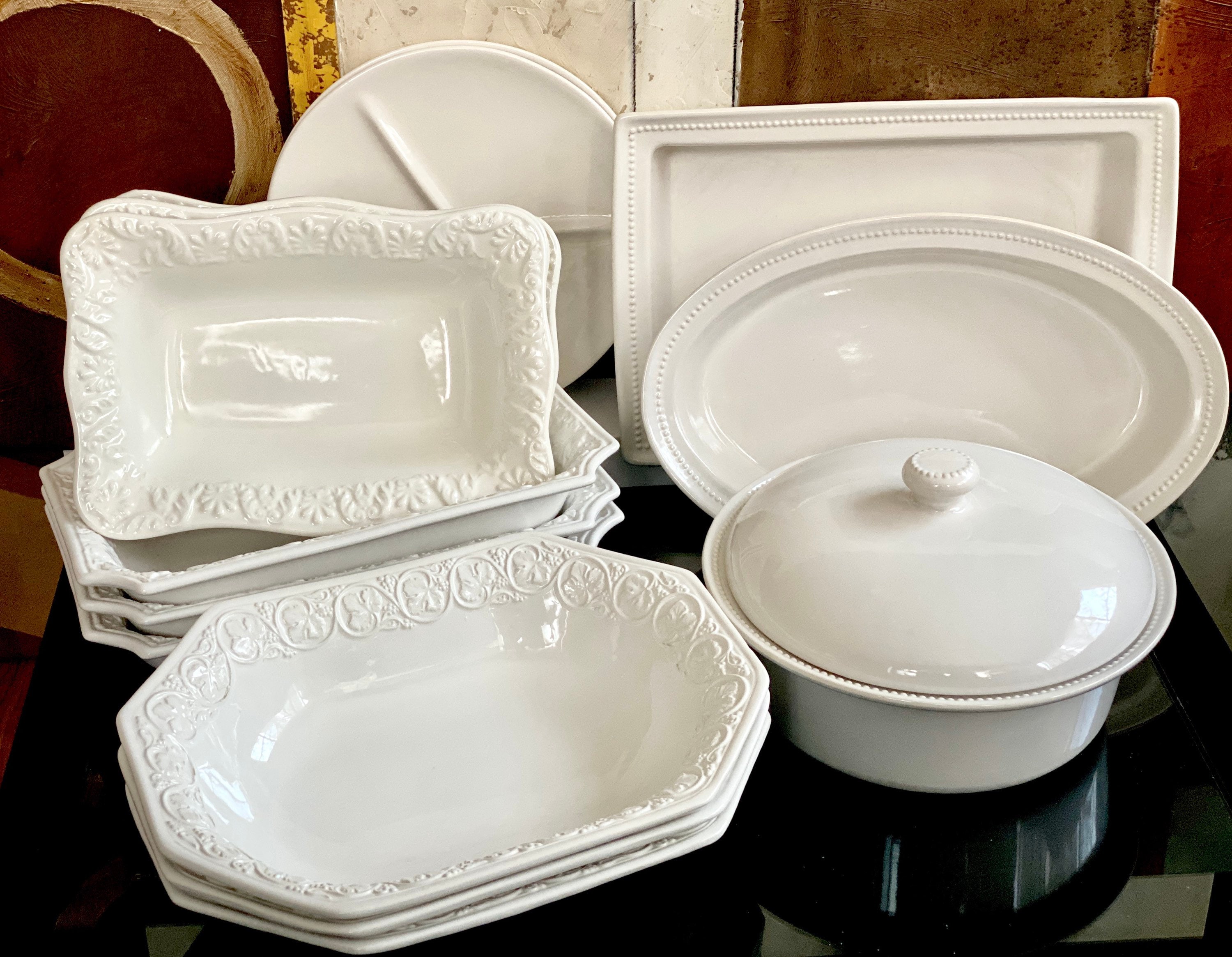 White Italy Ceramic Oven Baking Trays Large Hot Dish Serving Round