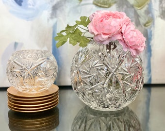 European Cut Crystal Rose Bowls Pinwheel Globe Flower Vases Potpourri Vintage 70s Fan Cut Vanity Wedding Display Centerpiece Bridal Gift