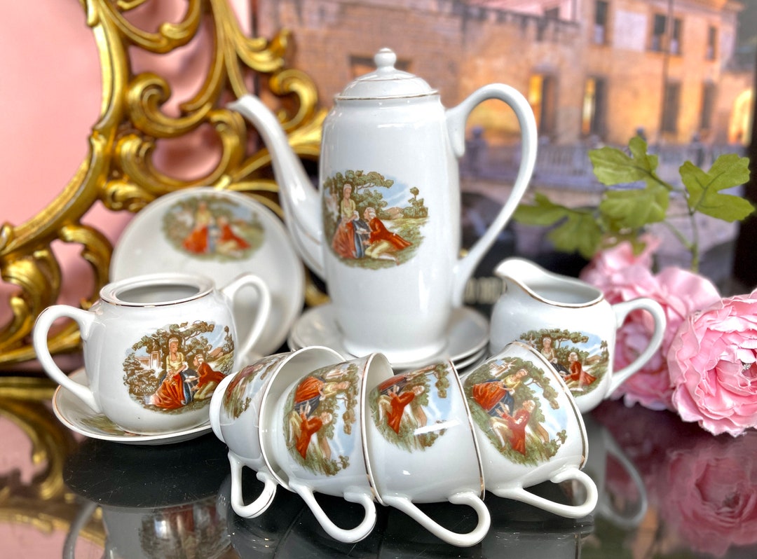 Victorian Porcelain Tea Set Fragonard Courting Couple Neoclassical
