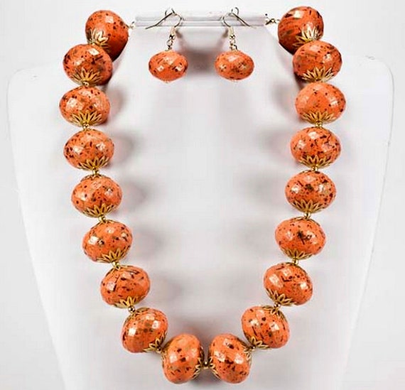 Orange Beaded Statement Necklace Sphere Earring S… - image 2