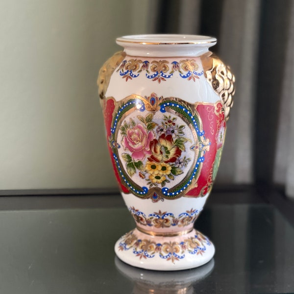 Vase asiatique floral or grappe de raisin orné Satsuma style céramique moriage art chinois étagère décor rouge royal affichage grand fleur urne élégant