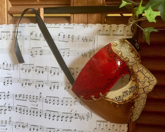 Music Carnival Masquerade Face Mask Red Gold Theater Note Teacher Gift Piano Decor Concert Door Wall Hanging Art Studio Hand Painted Decor