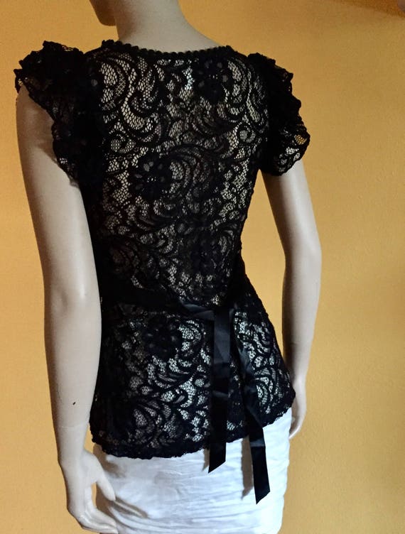 Black Lace Mesh Floral Shirt Boho Ruffled Butterf… - image 8